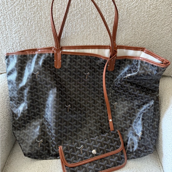 None Handbags - Goyard-Style Brown Canvas Tote with Tan Leather Trim